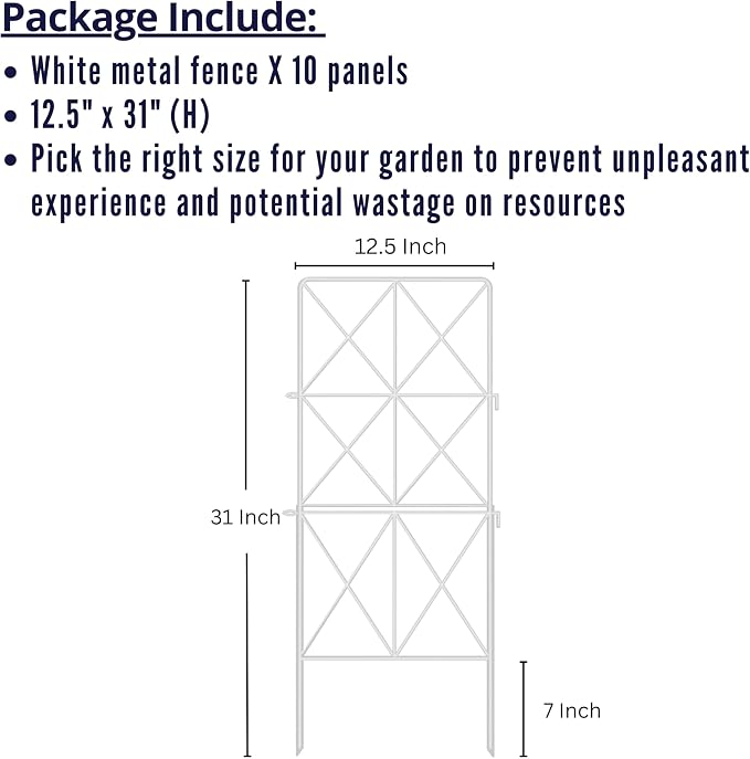 ShopLaLa Decorative Metal Garden Fence (10 Panels) 12.5in(L) x 31in(H) Animal Barrier Fencing for Dog, Rustproof White Wire Diamond Flower Bed Edging for Landscape, Lawn Yard Tall Panels Outdoor Decor