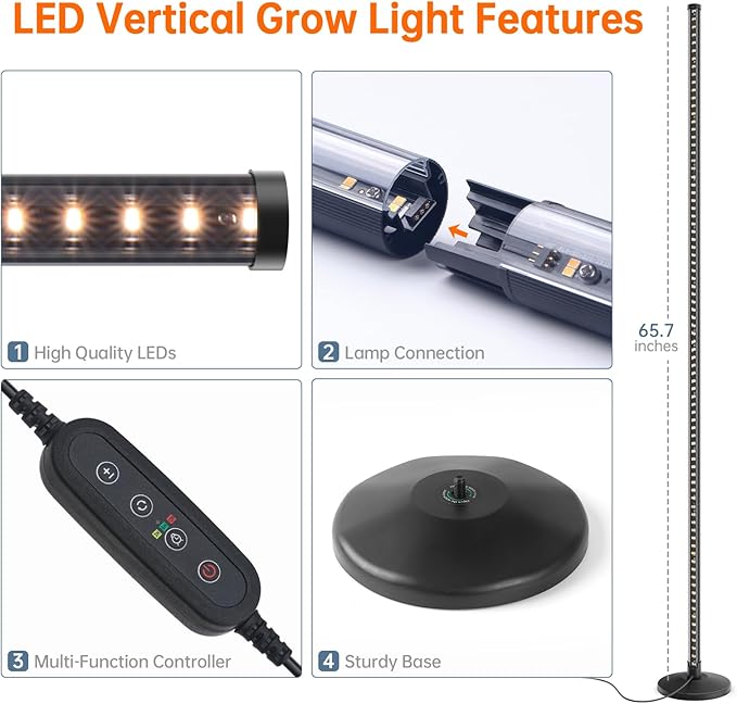 Bstrip Standing Grow Light for Indoor Plants, Vertical Grow Light with 3 Light Modes, Wide Illumination and Dimmable, T10 Full Spectrum Floor Grow Lights, 16in-65in Adjustable Height & Auto Timer