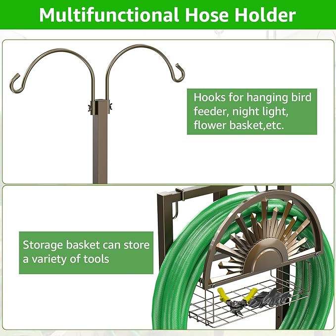 GOFORWILD Heavy Duty Garden Hose Reel with 2 Shepherds Hooks, Holds 150-Feet of 5/8 Inch Hose, 77Inch Freestanding Hose Hanger with Storage Basket