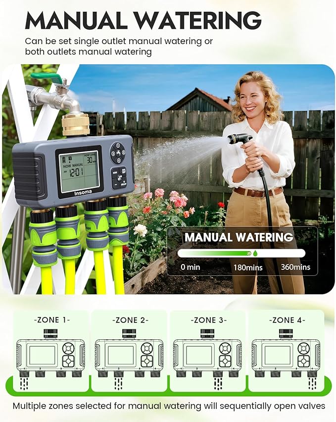 Insoma Water Timer 4 Zones with Brass Inlet & Outlet, Automatic Garden Hose Timer with Manual/Rain Delay & Large Display, IPX5 Waterproof Faucet Timers for Sprinkler System, Yard, Lawn, Greenhouse
