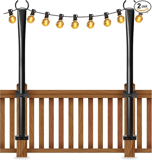 2 Pack String Light Poles for Deck, 5Ft Heavy-Duty Metal Deck Light Poles for Outside with Fixing Clips, Lighting Hanging Post Accessories for Patio Decor Garden Backyard Yard Fence Porch Decorations