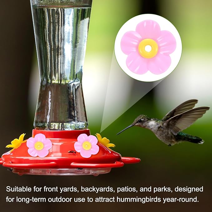 M METERXITY 16-Pack Hummingbird Feeder Replacement Flowers, Plastic Pet Hummingbird Feeding Parts Feeding Ports for Outdoor Hanging Feeders, Bees Guards [Rose Pink, Blue]