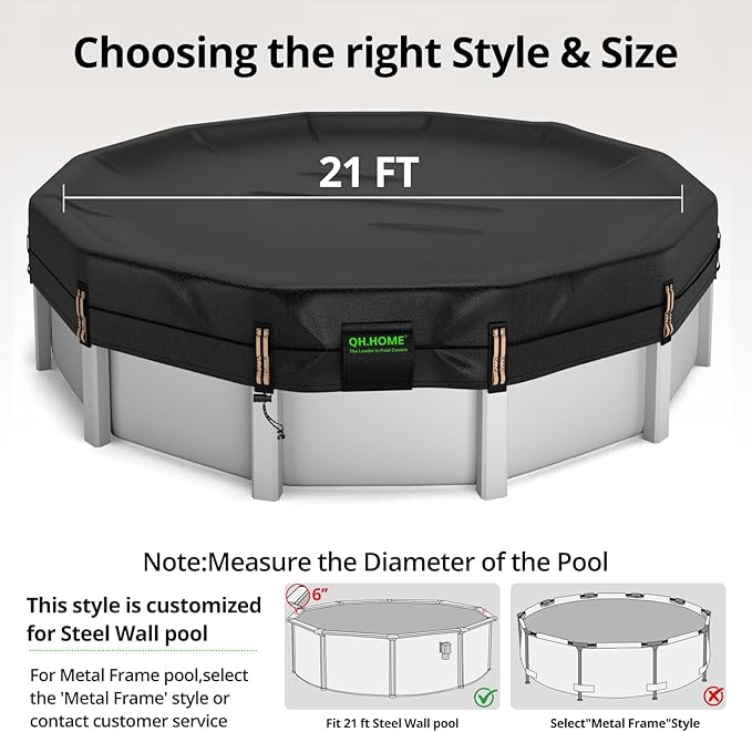 QH.HOME 550D 21 Ft Pool Covers for Above Ground Pools[Upgraded Tear-Proof & Threefold Windproof] wth Pre-Installed Winch and Rope, Durable 4 Foot Overlap & Extra-Thick Designed for Steel WALL Pools