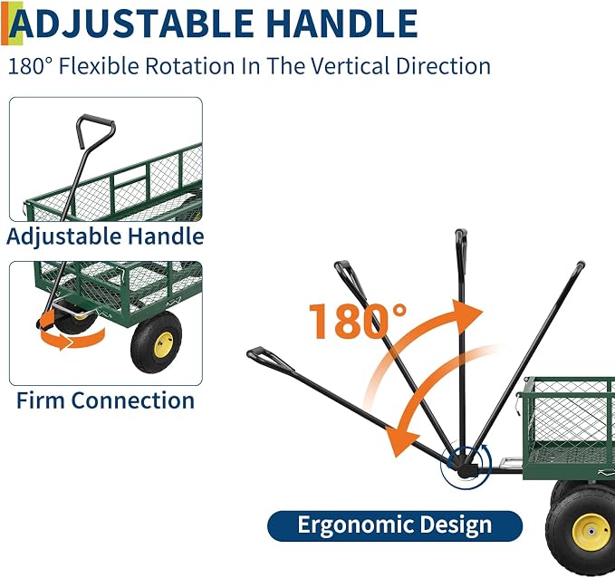 Garvee 900 lbs Steel Garden Dump Cart with Removable Sides, Convert to Flatbed, Heavy Duty Yard Cart with 180°Rotating Handle & 10" All Terrain Wheels, Utility Dump Wagon for Lawn Farm Backyard