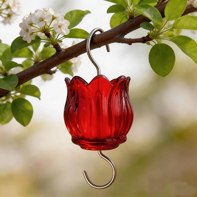 Glass Ant Moat for Hummingbird Feeder - 2PC x 3 OZ Red Tulip Insect Guard with Large Capacity