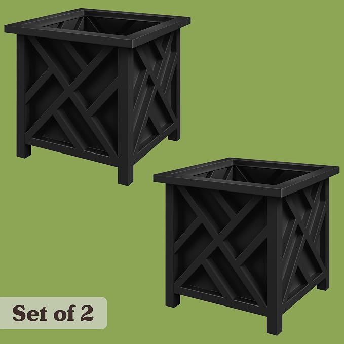 Lattice Design Outdoor Planter Box 2-Pack - 15.5” Square 16.5” Tall Black Decorative Plant Pots for Front Porch Decor - Flower Pots Outdoor Planters for Porch Patio or Garden Decor by Pure Garden