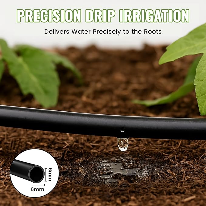 MIXC 1/4" Irrigation Dripline Tubing (200 Ft Roll), Saving 80% Water, 6" Emitter Spacing, 0.5 GPH Emitters Built-In Drip Irrigation Line with 1/4" Fittings Included, Black