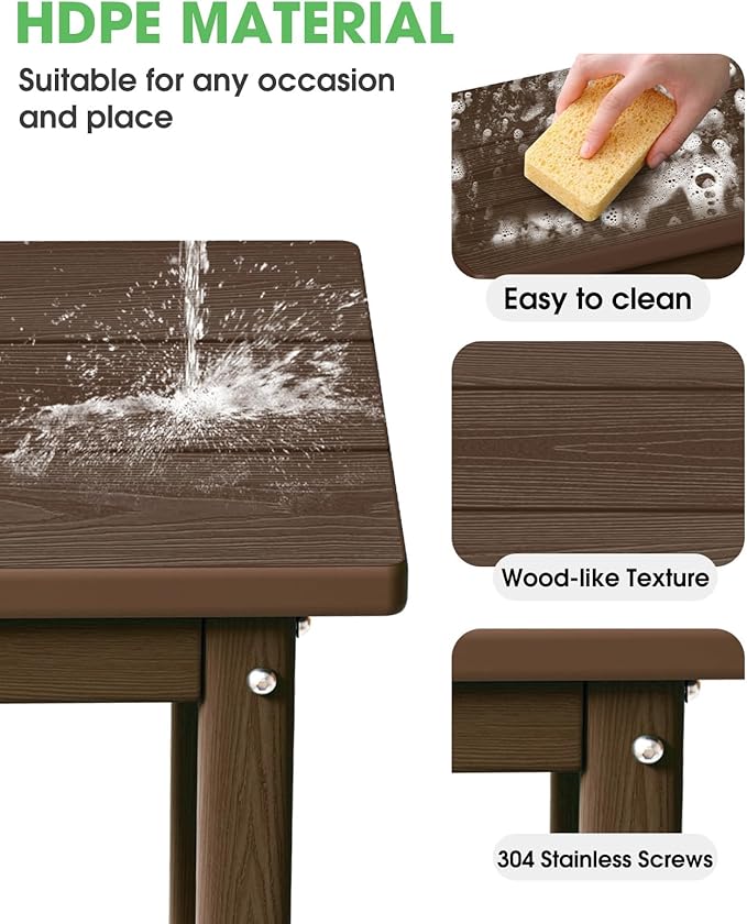Outdoor Side Table, HDPE Small Outdoor Table, Adirondack Side Tables, Outside End Tables for Patio, Porch, Deck, Pool, Weather Resistant (Brown)