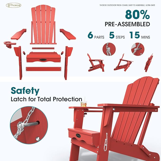 THOEOE Folding Adirondack Chair Set of 8, HDPE All-Weather Outdoor Chair with Cup Holder, Wooden Textured, Fire Pit Chair, Plastic Patio Chair for Deck, Backyard, Garden, Lawn, Red