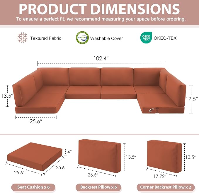 14-Piece Patio Furniture Cushions Set, Replacement Outdoor Cushions for 6-Seat Patio Sectional, Waterproof & Fade Resistant Deep Seat Cushion for Outdoor Sofa, Spice