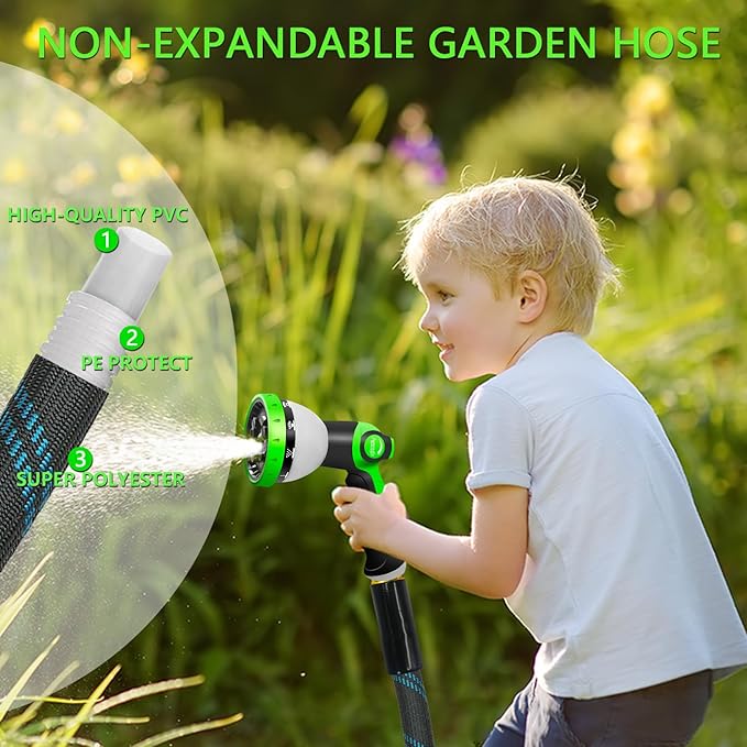 Junredy Garden Hose 75 FT, NON-EXPANDABLE Heavy-Duty Flexible & Lightweight Water Hose with 10-Function Nozzle, No-Kink, Leak-Proof Super Fabric, Solid Fittings for Lawn, Car, Outdoor (Black Blue)