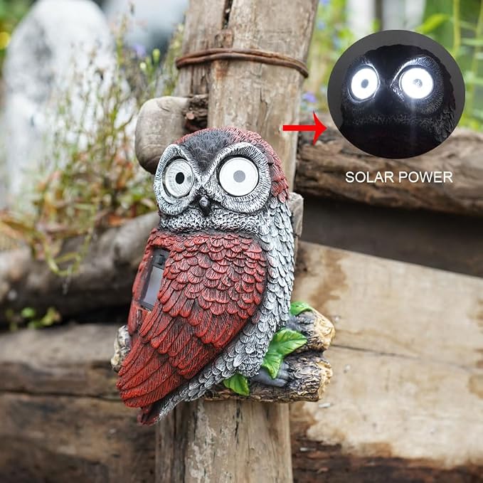 7.8" Solar Owl Garden Statue,Waterproof Owl Solar Lights with Glowing Eyes,Tree Decorations Outdoor for Yard Patio Lawn, Solar Owl Light for Night Garden Decor, Owl Garden Statue for Fence or Wall