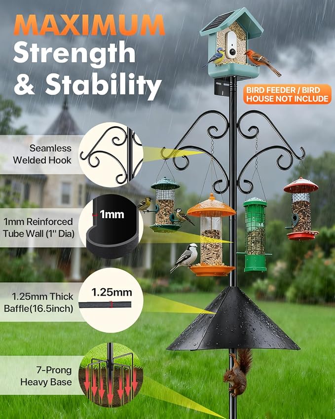 92 Inch Squirrel Proof Bird Feeder Pole with Baffle, 7-Prong Base Heavy Duty Bird House Pole with Shepherd Hooks for Outdoors Adjustable Yard Bird Feeding Station for Hanging Camera Bird Feeders Plant