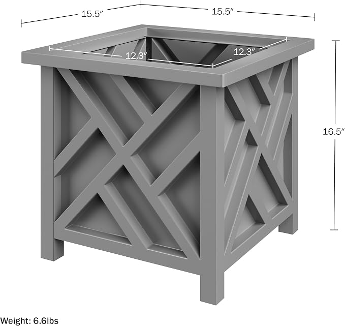 Lattice Design Outdoor Planter Box 2-Pack - 15.5” Square 16.5” Tall Gray Decorative Plant Pots for Front Porch Decor - Flower Pots Outdoor Planters for Porch Patio or Garden Decor by Pure Garden