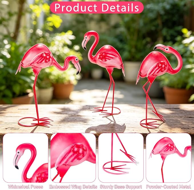 3Pcs Pink Flamingo Yard Decor 15" Metal Yard Art Outdoor Sculptures | Garden Statue Set of 3 Flamingo Birds Lawn Ornarment Tropical Décor for Outside Home Patio Porch Backyard Decorations