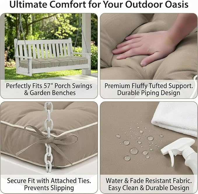 3 Seat 57 Inches Outdoor Porch Swing Cushions,Water-Resistant Tufted Patio Swing Replacement Cushions