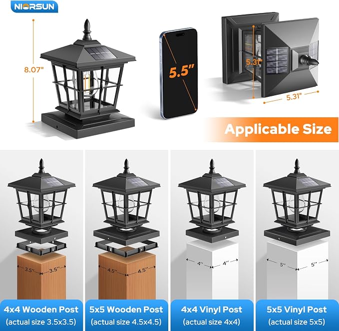 NIORSUN Solar Post Lights Outdoor, Fence Post Solar Lights with 3 Color Temperatures, Edison LED Bulbs Garden Patio Fence Deck Decor, 4x4 Posts Caps, 4x4, 5x5 Wooden & Vinyl (4 Pack,Black)