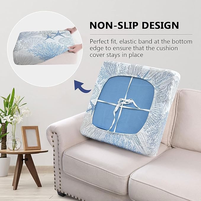 8 Pcs Patio Sofa Cushion Cover Blue Sea Outdoor Stretch Sofa Seat Cushions Cover Coastal Beach Replacement Couch Chair Slipcover Flexibility (Sea)