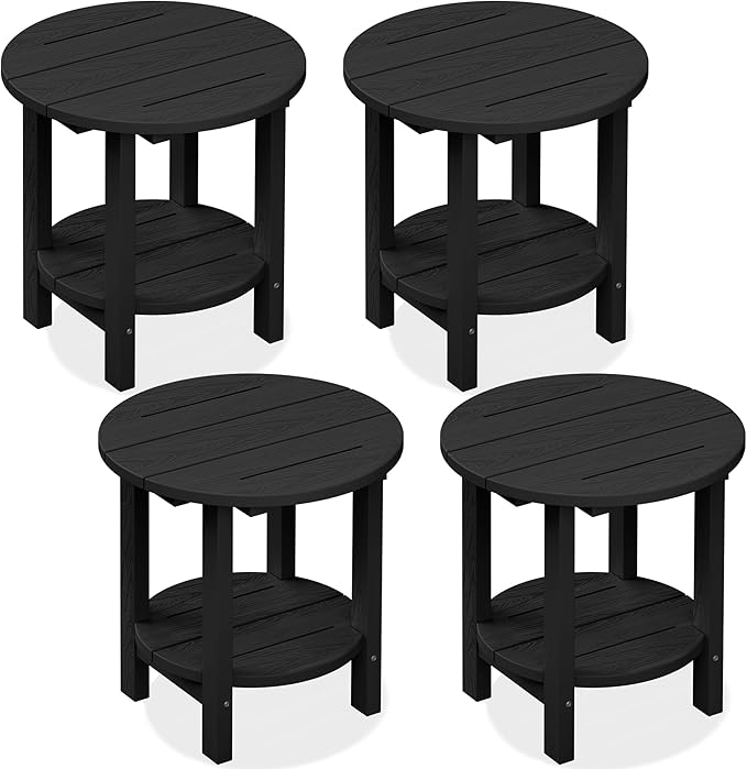 SERWALL Round Outdoor Side Table Set of 4, HDPE Small Adirondack Double End Table, Black