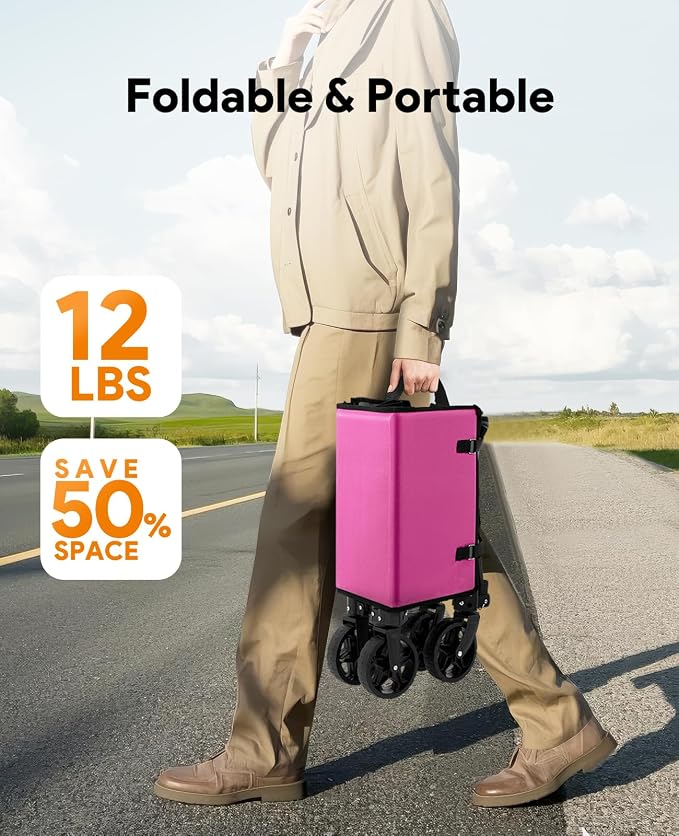 3 in 1 Collapsible Wagon Converts to Bench, 220lbs Foldable Wagon Cart with Wheels, 120L Shopping Cart for Groceries Folding Utility Wagon for Beach, Garden, Camping, Sport, Wheelbarrows, Pink