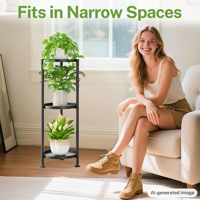 iDavosic.ly 3 Tier Plant Stand Indoor with 10 Inch Wide Tray, Tiered Corner Metal Outdoor Flower Display Holder, Vertical Tall Rack for Patio Porch Living Room, Modern Black