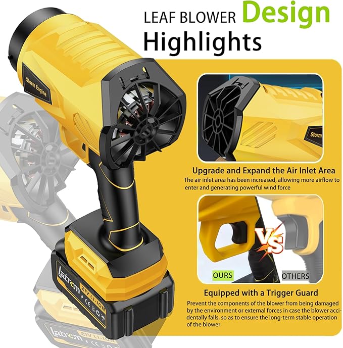 Leaf Blower Cordless with Battery and Charger 1000,000 RPM Handheld Lightweight Patio Cleaning Blower Set Extended Nozzle Design Blowing Leaves and Dust Car Dryer (Yellow)