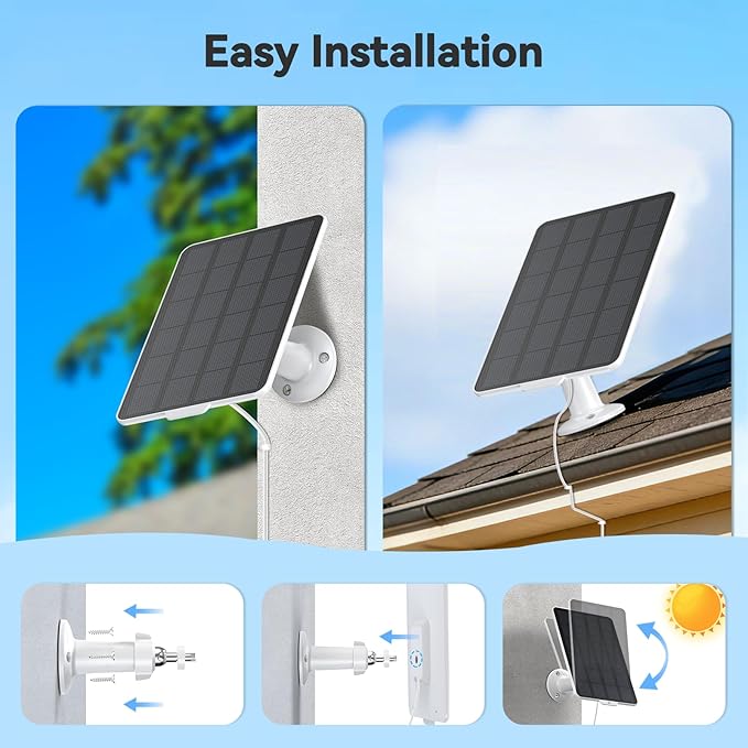 3W Solar Panel for Battery-Powered Security Cameras,USB-C & Micro USB Solar Charger for Wireless Outdoor Cameras,IP65 Waterproof, 9.8ft Cable, 360° Adjustable Mount (White, 1 Pack)