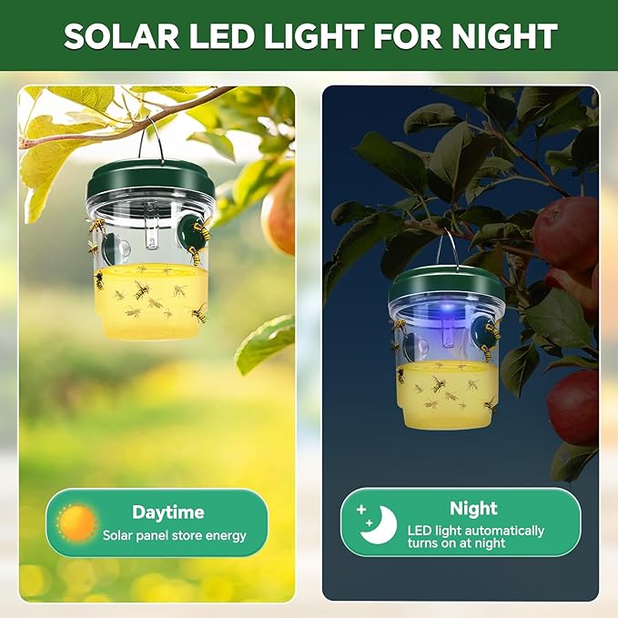Wasp Trap, Solar Wasp Traps Outdoor Hanging, Reusable Yellow Jacket Hornet Trap with LED Light for Outside Garden, Patio, Orchard, Camping (2, Green)