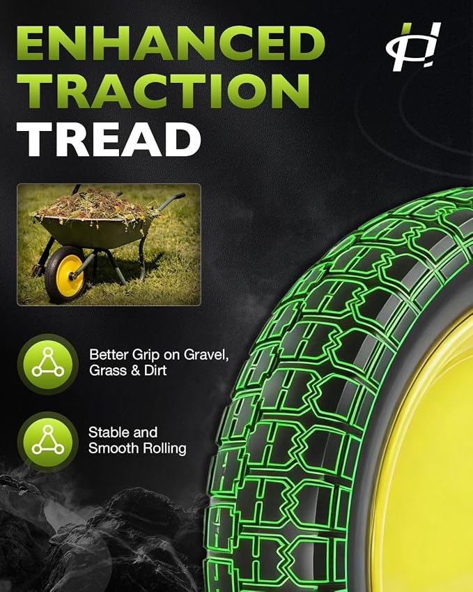 4.80/4.00-8 wheelbarrow tire, 16" Flat Free Solid Tire and Wheel, 3" Centered Hub, 5/8" & 3/4" Bearings, Universal Replacement for Garden Carts Wagon Wheel Barrow, 1 Pack