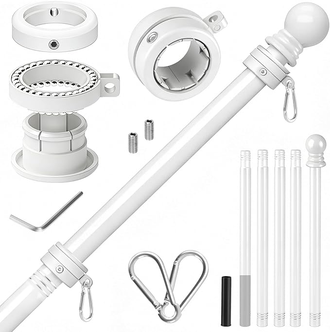 Flag Pole for Outside House, Heavy Duty Metal Flagpole for Residential, Outdoor or Porch, Stainless Steel Flag Poles, Upgraded Tangle Free Design, 1 Inch (6 FT, White)