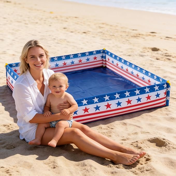 3.3 X 3.3 Ft Portable Beach Square Puddle, American Flag Foldable Beach Pool for Boys Girls Ages 2 3 4 5 6, 4th of July Patriotic Beaches Essentials with Carrying Bag, No Need to Dig Hole and inflate