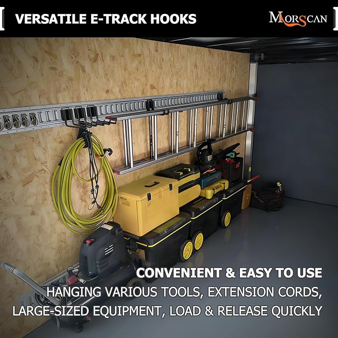 4-Pack 2"x6" Heavy-Duty E-Track Double Fitting J Hooks with Extra Rubberized Dip-Coating - Stable Organizers for Trailers, Trucks & Garden Tools
