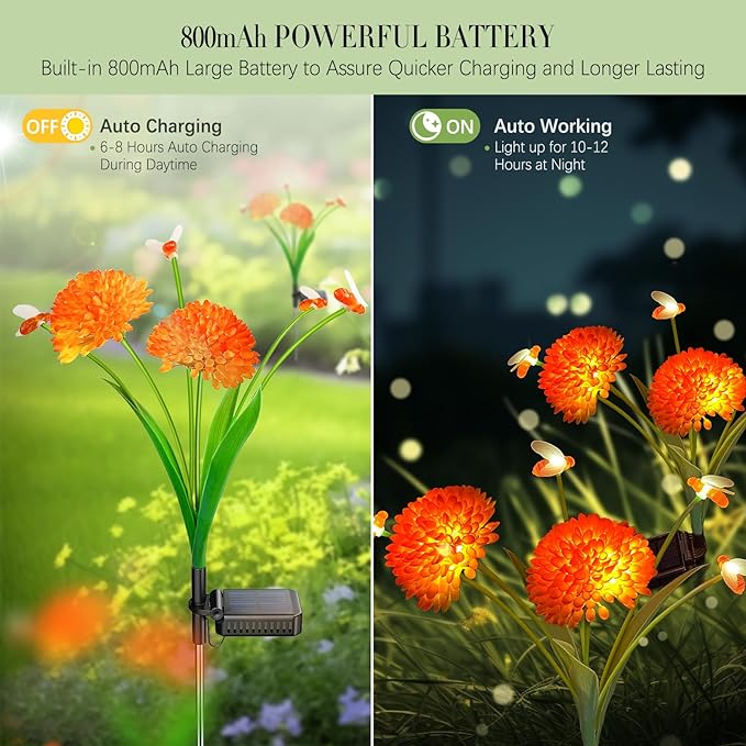 Solar Garden Lights, 2 Pack Solar Swaying Bee Lights with Flowers, Waterproof Firefly Light Outdoor for Garden Patio Yard Pathway Fall Decoration, Gifts for Women Mother's Day