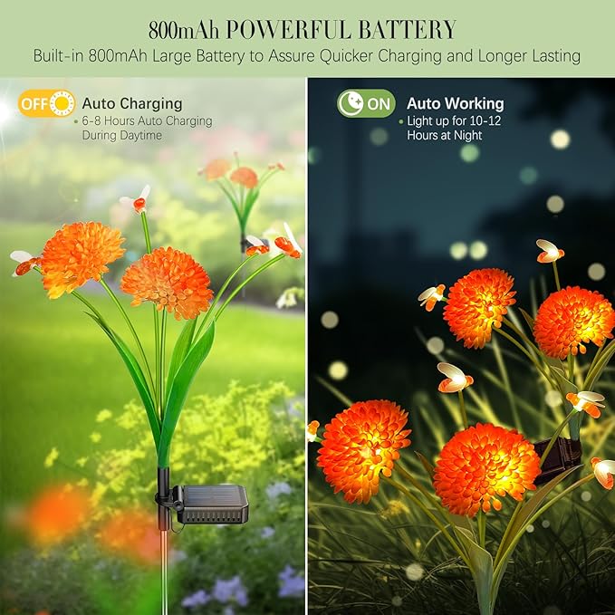 Solar Garden Lights, 4 Pack Solar Swaying Bee Lights with Flowers, Waterproof Firefly Light Outdoor for Garden Patio Yard Pathway Fall Decoration Gifts for Women Mother's Day