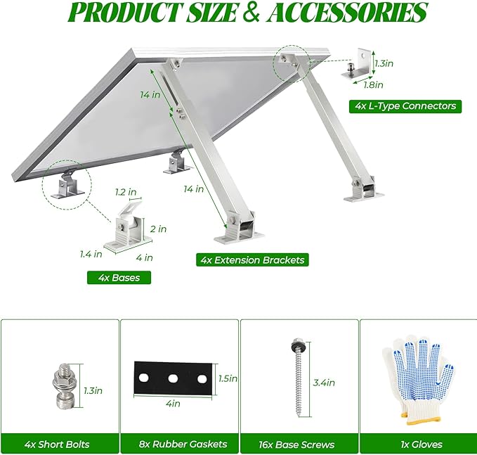 Solar Panel Mounting Brackets, 2 Sets Adjustable Solar Panel Tilt Mount Brackets, 14-27IN Adjust Solar Panel Rack, Support up to 100-450 Watt Mounting Bracket Set, Portable Stand for Roof RV Boat