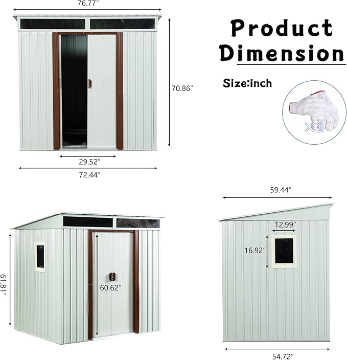YOPTO 6×5 FT Outdoor Galvanized Metal Storage Shed with Window and Integrated Punched Vents,Large Garden Outdoor Shed W/Sliding Doors and Padlock,Rust and Waterproof,Tool Sheds for Backyard,Lawn,White