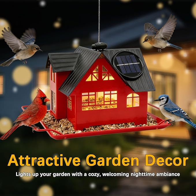 Solar Bird Feeders for Outdoors Hanging, Heavy-Duty Metal Birdfeeders Outside Hanging with Solar Lights, Wild Bird Feeders for Garden Decor, Unique Gifts for Bird Lovers, Mom and Grandma