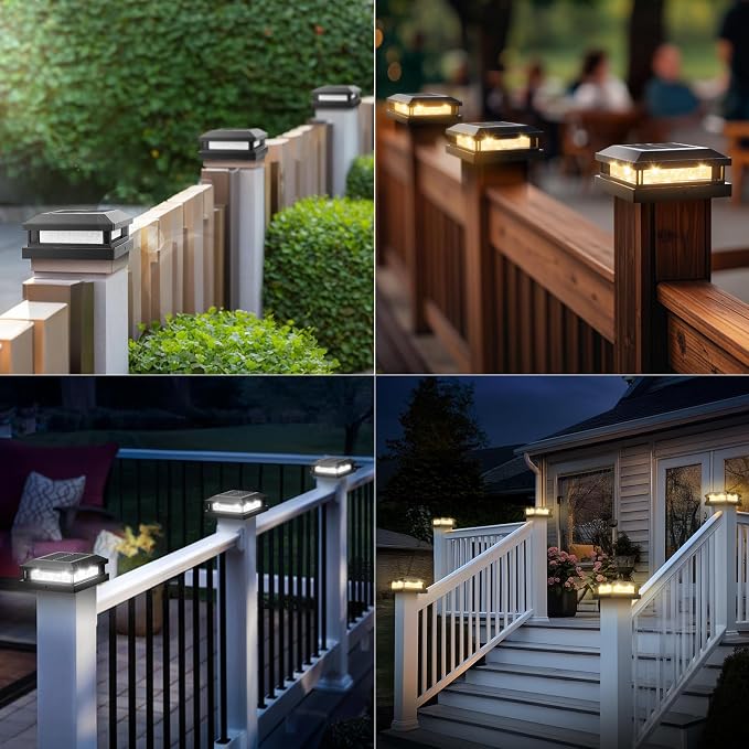 Brightever 4x4 Solar Post Cap Lights Outdoor 8 Packs, Waterproof Solar Powered Deck Light for 5x5 Vinyl/Wooden Posts, Black Outside Warm/Cool Lighting Fence Cap Lights with 16LEDs for Garden, Patio