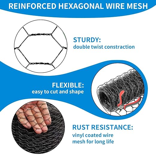 1/2 Inch Black Wire Mesh Roll - 12'' x 100' Chicken Wire Fence, 20 Gauge Hardware Cloth Poultry Netting for Garden/Animal Barrier/Rabbit/Floral/Chicken Coop/DIY Projects
