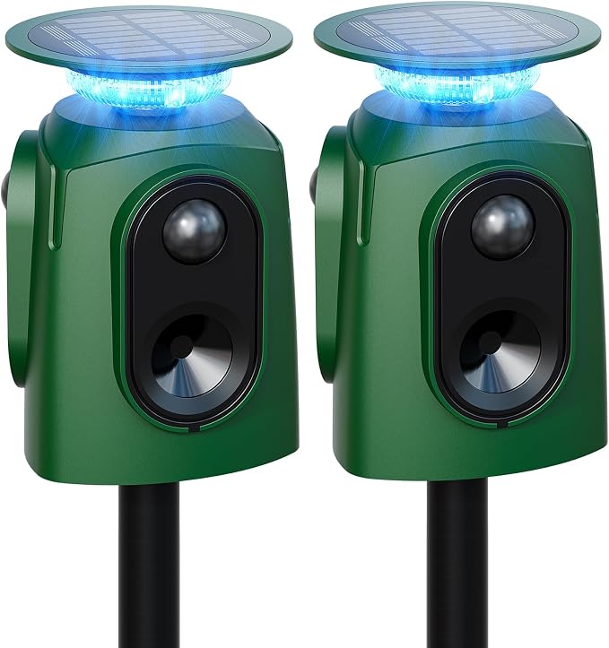 2 Pack 360° Solar Deer Repellent Devices, Ultrasonic Animal Repeller with Motion Sensor & LED Lights, Waterproof Cat Repellent Outdoor, Repel Dog, Raccoon & Coyote Out of Garden - USB Rechargeable
