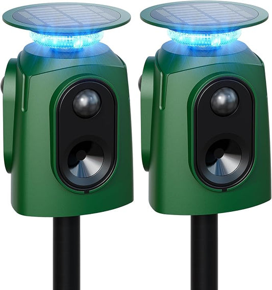 2 Pack 360° Solar Deer Repellent Devices, Ultrasonic Animal Repeller with Motion Sensor & LED Lights, Waterproof Cat Repellent Outdoor, Repel Dog, Raccoon & Coyote Out of Garden - USB Rechargeable