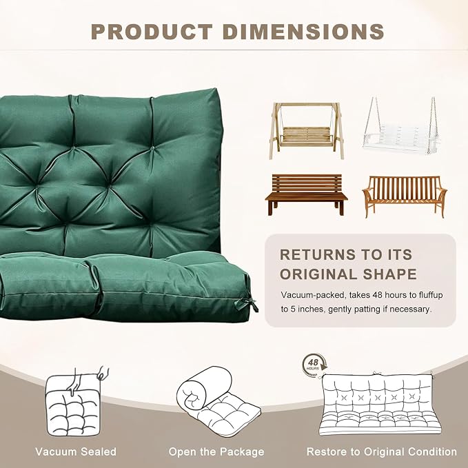 Porch Swing Cushion with Backrest,Waterproof Bench Cushion for Outdoor Furniture,2-3 Seater Replacement Thickened Swing Cushion with Ties,Patio,Outdoor,Backyard and Garden (Dark Green,60x40)