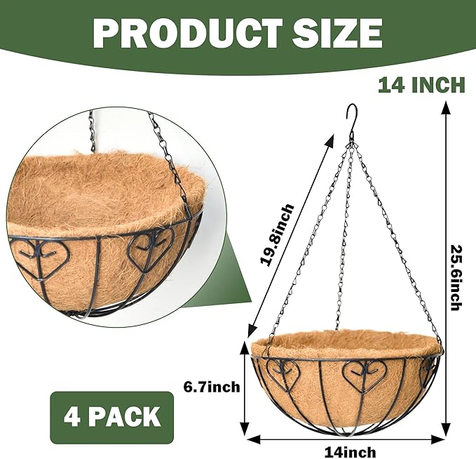 4 Pack 14 Inch Hanging Metal Planters for Outdoor Plants, Modern Black Solid Rectangular Hanging Baskets with Coco Coir Liner