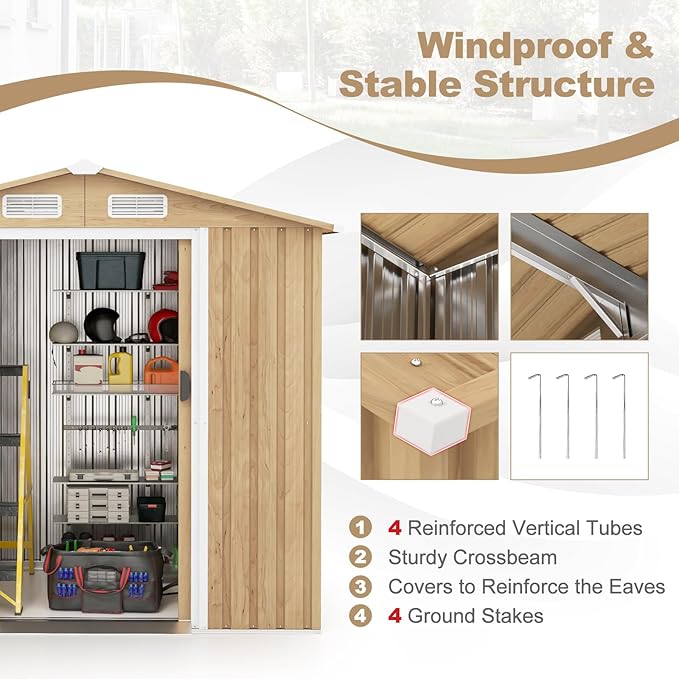 Goplus 6' x 4' Woodgrain Outdoor Storage Shed, Galvanized Metal Tool House Organizer w/ 4 Vents, Lockable Doors, Waterproof Garden Sheds & Outdoor Storage for Backyard, Lawn, Patio, Natural