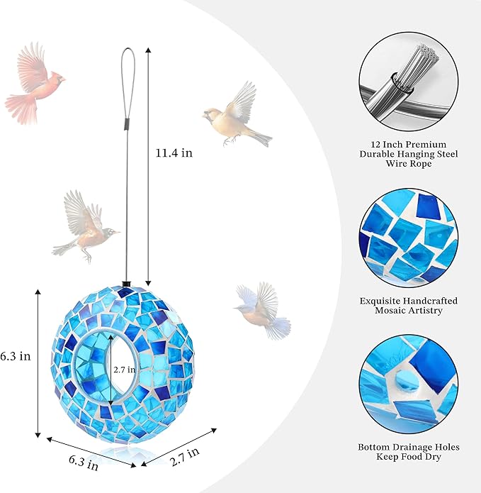 SAVENNA Mosaic Glass Hanging Bird Feeder, 6.3 Inch Handcrafted Outdoor Feeder with Steel Wire Rope, Decorative Garden & Patio Feeder for Wild Birds, Blue Mosaic Design