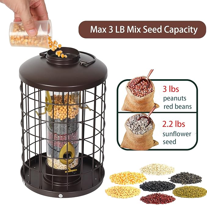Mosloly Caged Bird Feeders Metal - 3 Lbs - Squirrel-Proof Wild Bird Feeders, Clear Tube Feeders Hanging Outside Starling Proof, Detachable Cleaning, 4 Feed Ports(Copper)