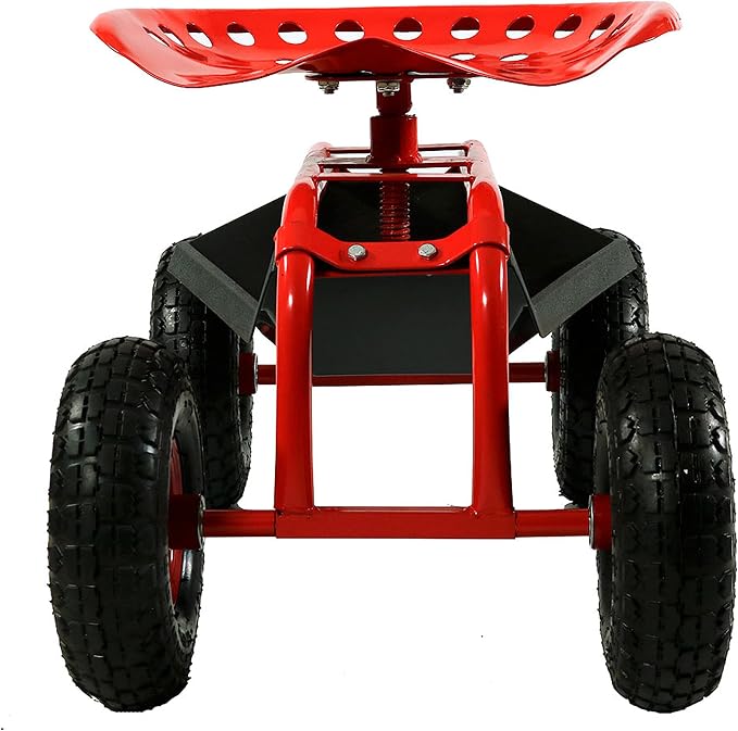 Sunnydaze Rolling Garden Cart with Swivel Seat and Storage - Rolling Garden Seat with Wheels - Gardening Stool with Wheels - Red