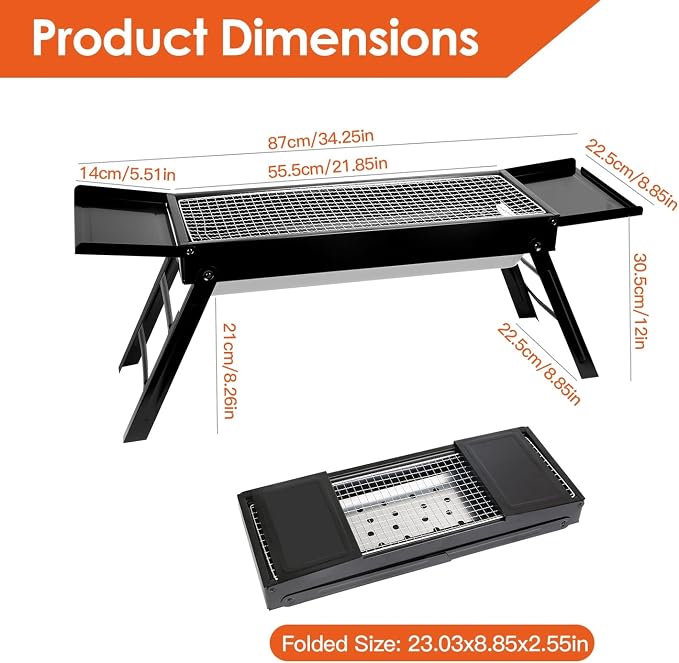 Foldable BBQ Grill, Small Charcoal Grill with Side Shelf Stainless Steel Net, Portable Tabletop Barbecue Grill for Camping Picnic Outdoor Party Garden (22 x 9 x12in)