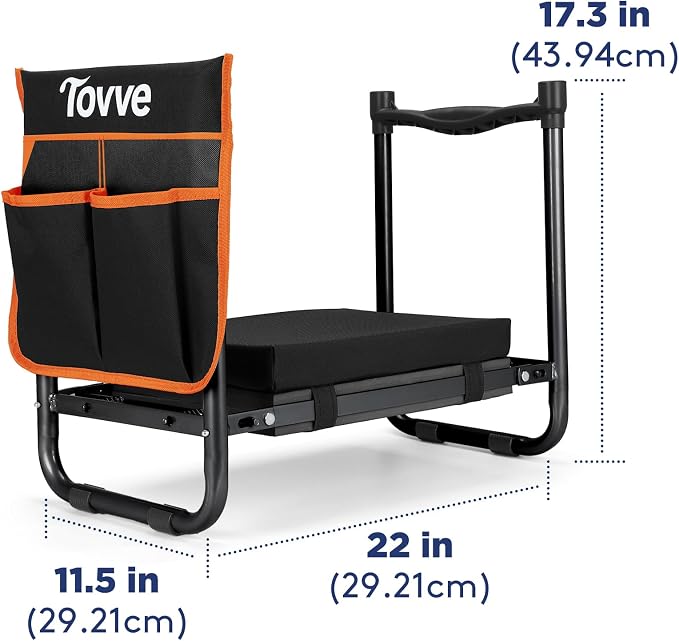Tovve Foldable Garden Kneeler and Seat, Heavy Duty Garden Stool with 10" Wide Detachable Kneeling Pad, Portable Garden Bench Chair with Large Garden Tool Bag, Gardening Gifts for Women, Seniors, Mom