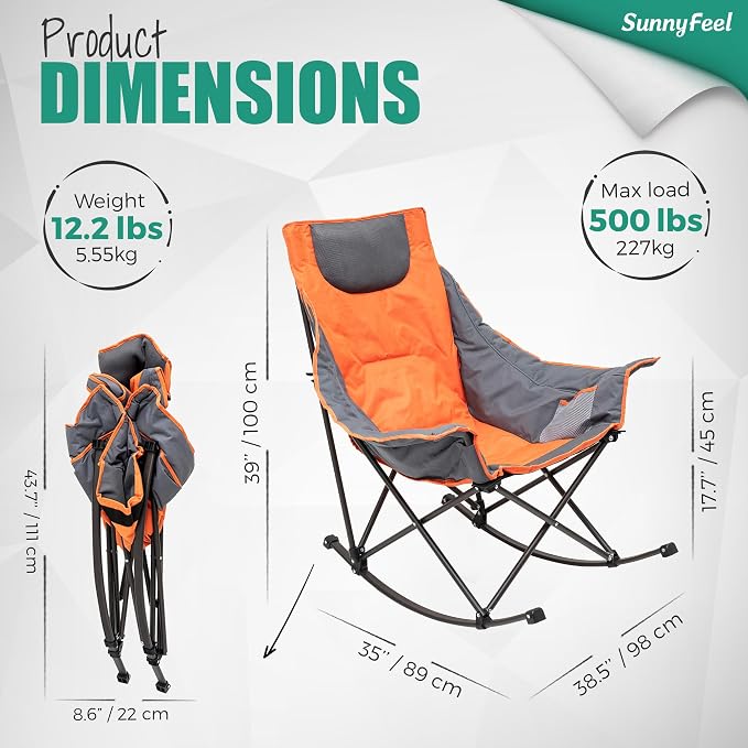 SUNNYFEEL Oversized Heated Rocking Camping Chair 2 Pack, Fully Padded Patio Chair with Side Pocket, High Back Portable Lawn Recliner with Carry Bag, Outdoor Rocker Chair for Adults Heavy Duty 500 LBS